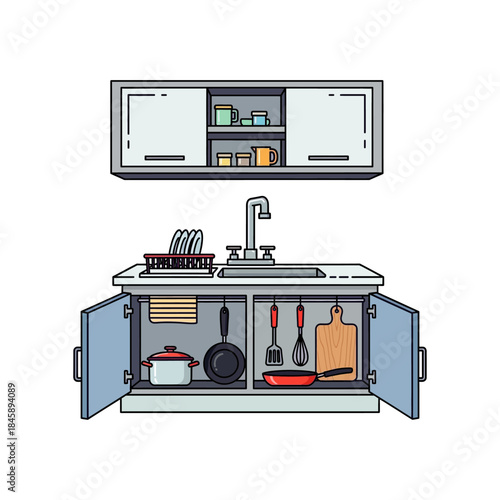 Sink with cabinets showing kitchen fittings to cook food icon flat vector design.