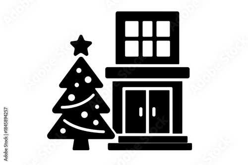 Black commercial building entrance and decorated Christmas tree for holiday shopping