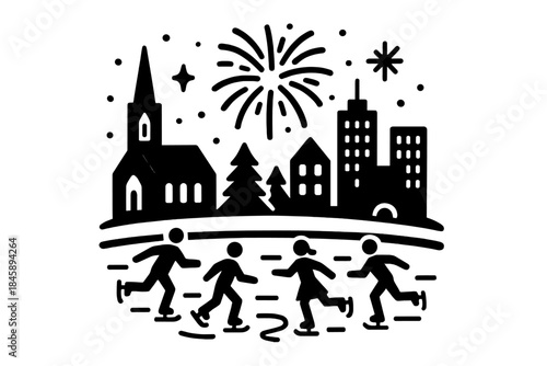 People ice skating during winter holiday celebration below city skyline with festive fireworks