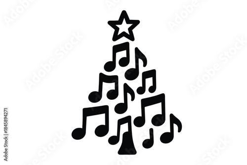 Abstract Christmas tree shape created from musical notes with a star outline on top
