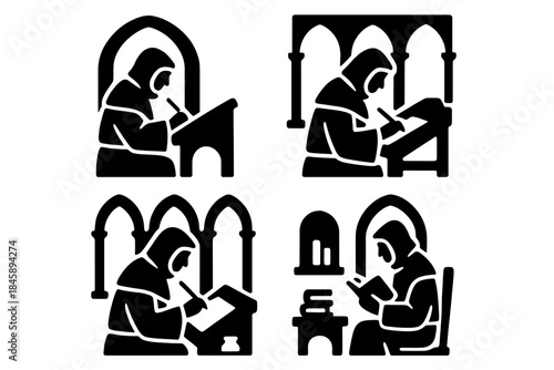 Medieval monks writing manuscripts and reading ancient texts in scriptorium