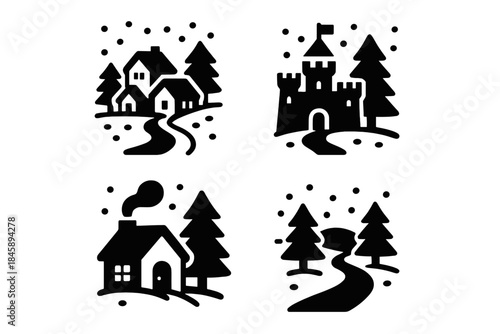 Snowy winter landscape scenes featuring houses, a medieval castle, and evergreen trees along winding paths