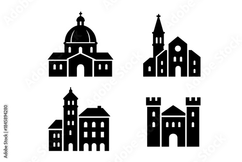 Black silhouette set of historical and religious architecture landmarks including cathedral, church, and castle