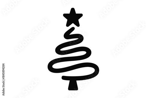 Modern abstract Christmas tree shape made of a continuous wavy line and topped with a star