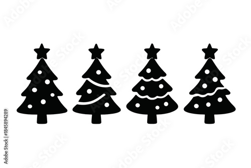 Simple black Christmas tree icons featuring star and decoration for festive holiday design