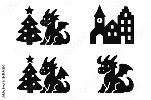 Stylized black icons featuring a friendly mythical dragon, a festive Christmas tree, and classic European architecture