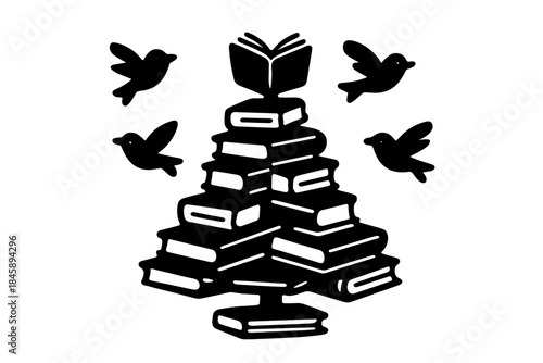 Stack of books shaped like a tree with an open book and flying birds silhouette