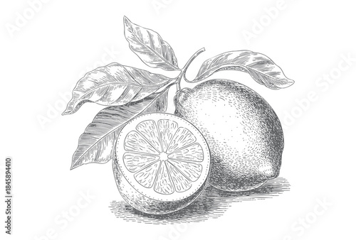 Hand-drawn lemon branch with fruit and leaves in vintage engraving style.