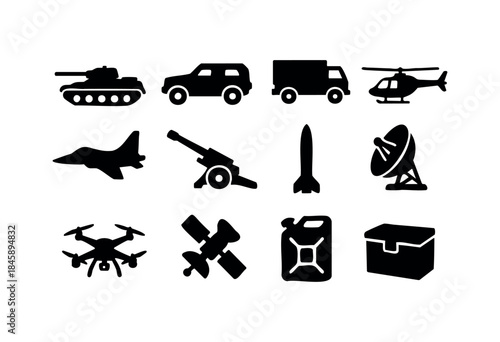 A collection of black silhouette icons representing military vehicles, weapons, and defense technology against a white background — stock vector.