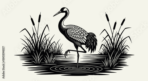 Elegant Crane Standing in Water Surrounded by Cattails Black and White.
