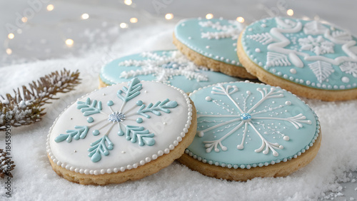 blue snowflake cookies with white icing on snow with bokeh light