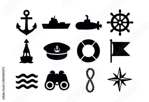 A collection of black silhouette vector icons representing various nautical, marine, and seafaring elements including anchor, ship, submarine, and captain's hat, isolated on white — stock vector.