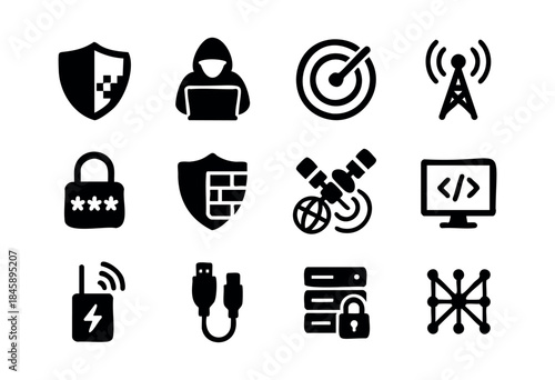 A collection of black and white vector icons representing cybersecurity, network infrastructure, digital threats, and data protection concepts — stock vector.