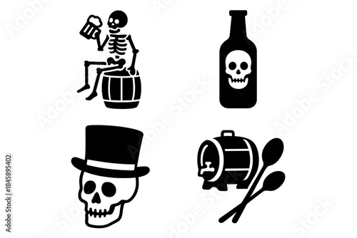 Set of macabre symbols featuring skulls, skeleton, beer mug, and liquor barrel for pirate themes