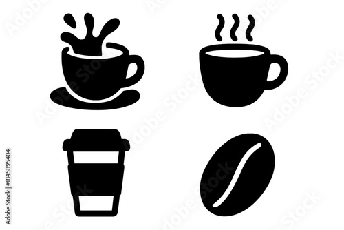 Essential coffee featuring hot drink cups, takeaway mug, and roasted bean symbol