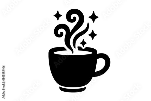 Black silhouette of a hot beverage mug with swirling steam and magical sparkles