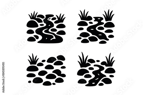 Four simple black icons showing a winding stream flowing between smooth river rocks and tall grass