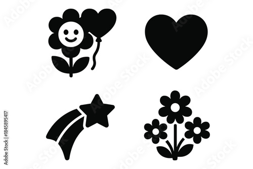 Simple black and white graphic symbols featuring a heart, flowers, and a shooting star collection