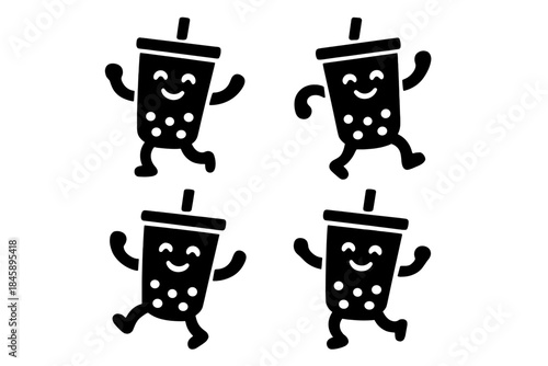 Set of four cute smiling bubble tea characters running and dancing in various playful poses