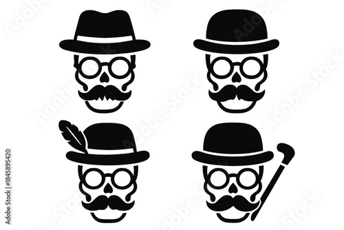 Set of four gentleman skull icons wearing hats, mustaches, and round glasses