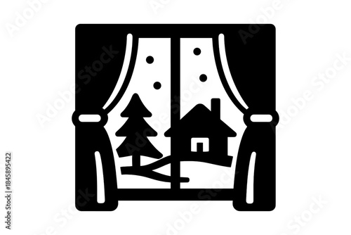 Cozy winter landscape viewed through a window with drawn curtains