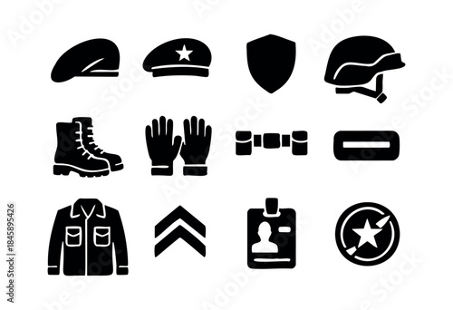 Set of black silhouette military equipment and army uniform icons, including helmets, boots, berets, and rank insignia on a white background — stock vector.