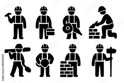 Silhouette pictograms of construction workers performing various building trades and manual labor