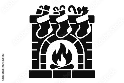 Traditional fireplace with burning fire and three hanging Christmas stockings with gifts