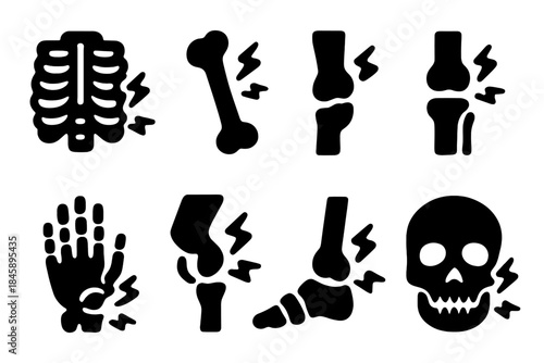 Human skeletal system showing pain, injury, fracture, and joint inflammation