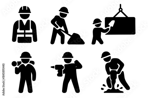 Six black silhouette icons of construction workers performing labor tasks and using tools