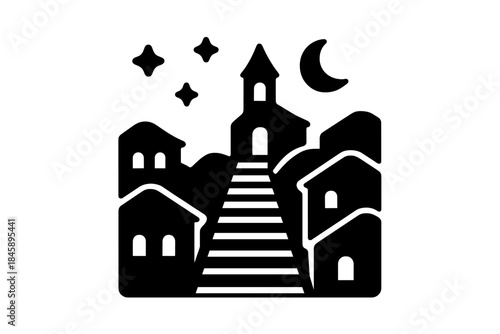 Black and white silhouette of a village on a hill at night with a staircase leading to a central tower under the moon and stars