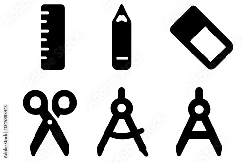 Set of essential school and drawing supplies icons including pencil, ruler, and scissors