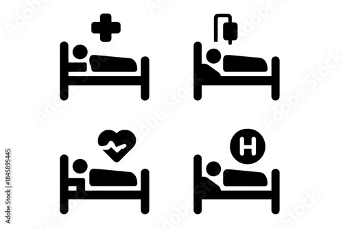 Essential healthcare icons collection showing patients receiving treatment in hospital beds