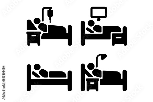 Icons of patients in hospital beds with medical equipment and bedside tables