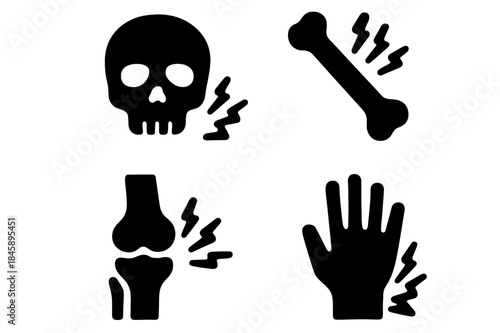 Skeletal pain and injury icons showing bone fracture, joint inflammation, and skull trauma