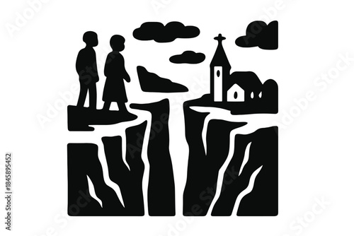 Silhouettes of people standing on a cliff edge separated from a church across a deep chasm