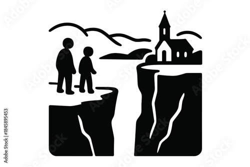 Silhouette of two people standing on a precipice facing a distant church across a gorge