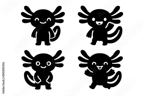 Black silhouette icons of a cute smiling axolotl character in four different poses