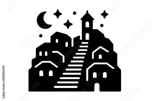 Black and white hillside village at night with houses, stairs, and a church tower under the crescent moon and stars