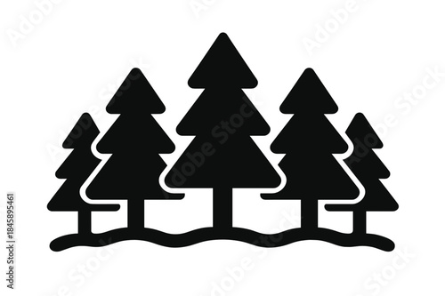 Simple black silhouette of a small group of evergreen pine trees in a forest landscape