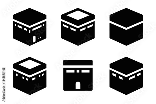 Isometric and frontal symbols of the Kaaba holy site in Mecca for Islamic worship