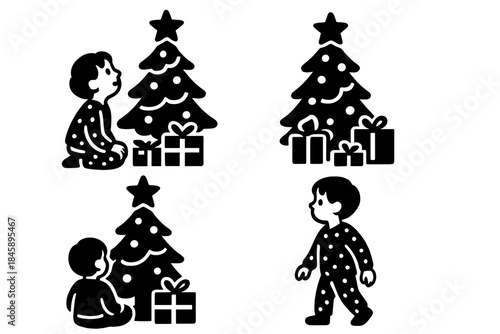 Simple Christmas scene featuring children in pajamas and decorated holiday trees with gifts