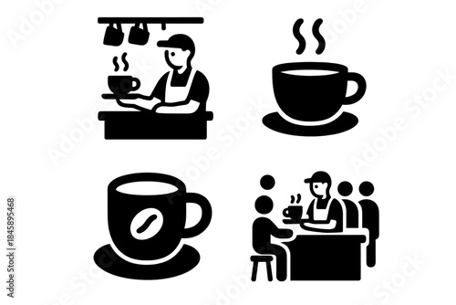 Minimalist black symbols depicting coffee shop service, barista, and hot beverage cups