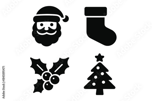 Minimalist black Christmas holiday symbols including Santa Claus, stocking, holly, and tree