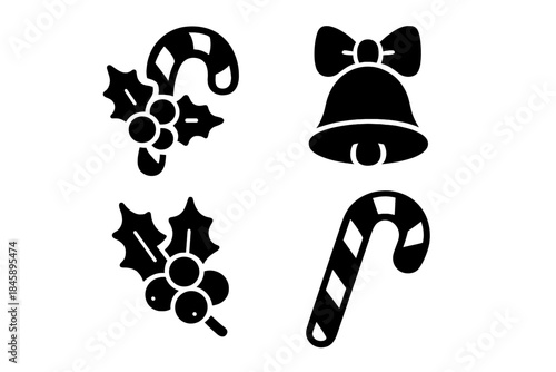 Festive winter holiday symbols set featuring traditional Christmas elements like holly, candy canes, and a bell