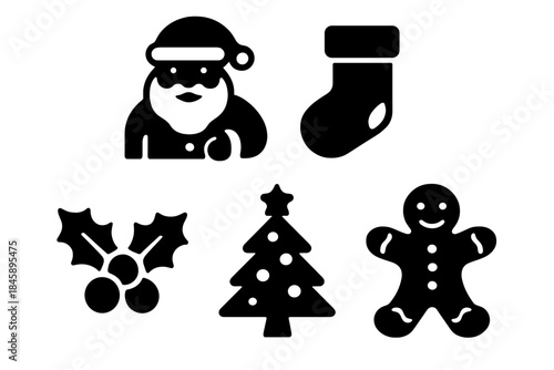 Set of traditional Christmas holiday symbols including Santa Claus, stocking, tree, holly, and gingerbread man