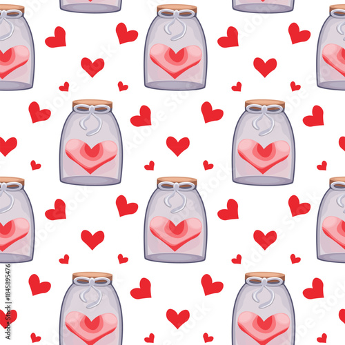 Seamless vector pattern with glass jars containing red hearts, cute romantic symbols, playful design for Valentine's Day, repeating pattern, isolated on white background.