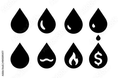 Black icons set of liquid drops with symbols for water, oil, fuel, and financial cost