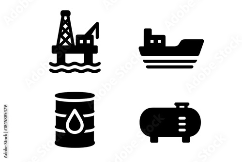 Petroleum industry elements including offshore drilling, oil shipping, and storage facilities