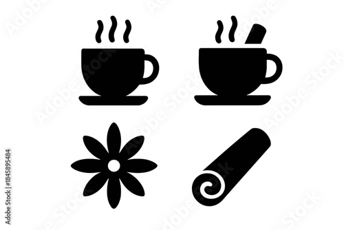 Black silhouette icons of steaming cups, cinnamon sticks, and star anise spices